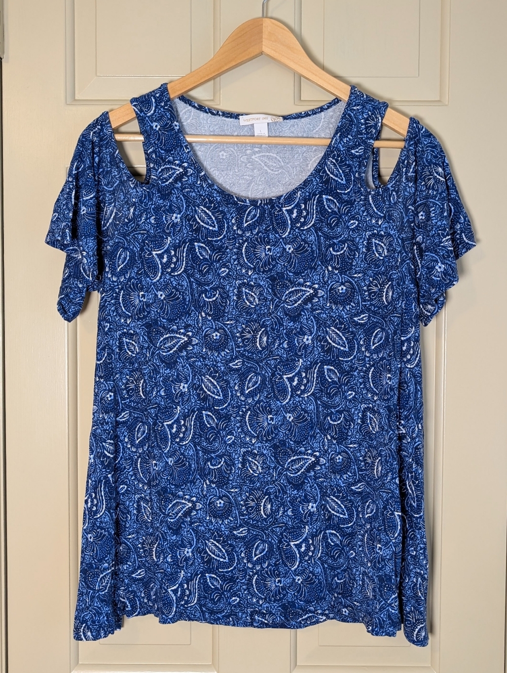 Westport 1962 Top Blue Paisley Cold Shoulder Flutter Sleeve Blouse Size L